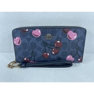 Coach CZ328 Long Zip Around Wallet Denim Signature Canvas Cherry Print